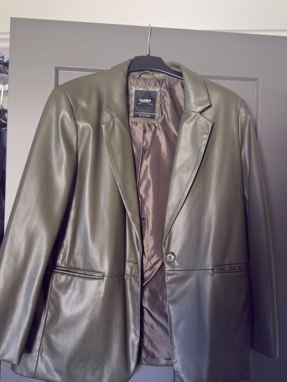 Pull&Bear Olive Green Vegan Leather Blazer